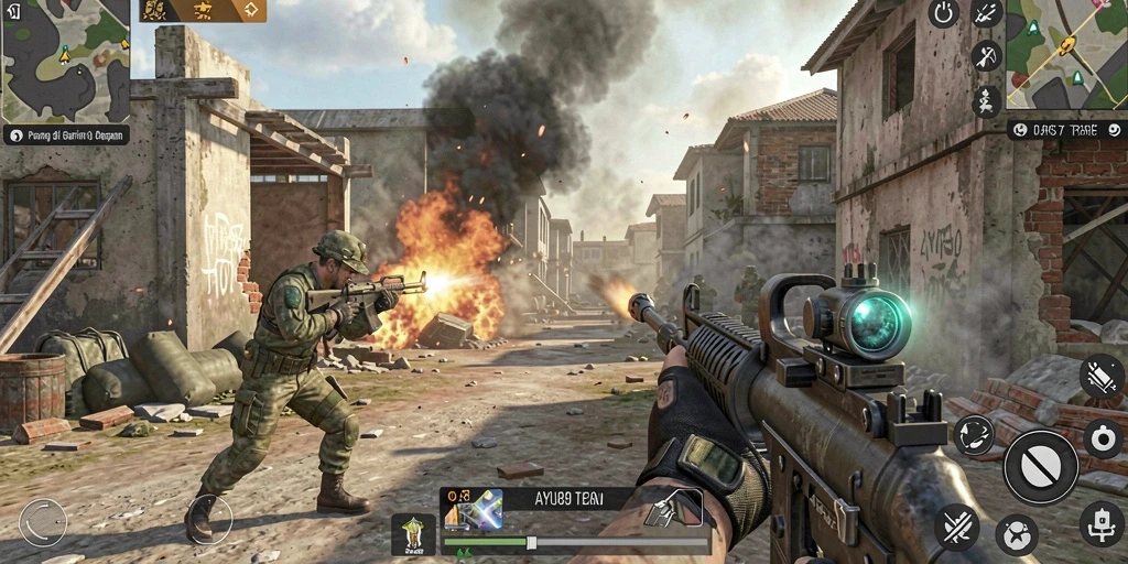 Tampilan gameplay AYU89 dengan aksi tembak-menembak yang mendebarkan.