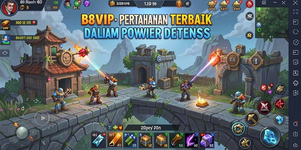 Tangkapan layar utama B8VIP menunjukkan aksi menara yang menantang dalam permainan Tower Defense.