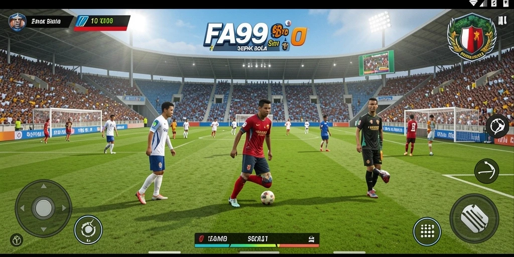 Tampilan gameplay FA99 dengan aksi sepak bola yang dinamis.