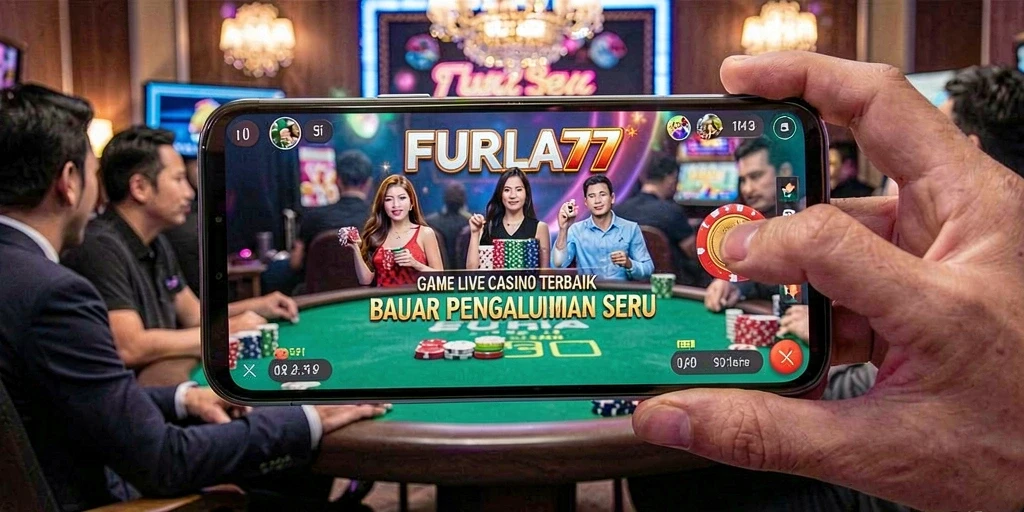 Screenshot gameplay FURLA77 menampilkan dealer langsung dan suasana kasino yang mendebarkan.