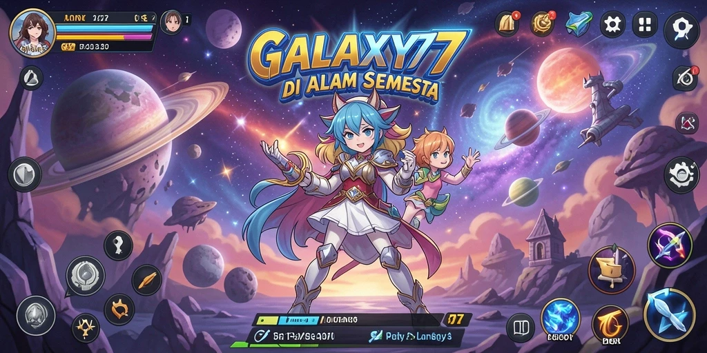 Tampilan gameplay GALAXY77 yang penuh aksi dan karakter Anime.