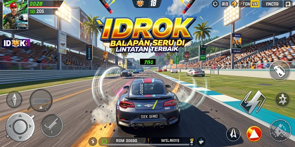 Tangkapan layar utama IDROK menampilkan aksi balapan yang intens.