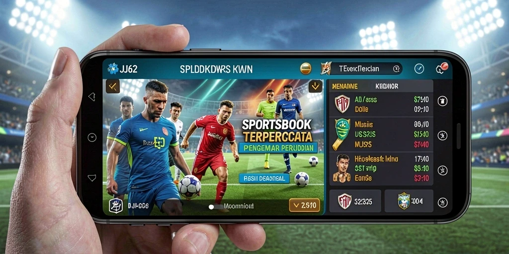 Screenshot utama JJ62 menampilkan fitur taruhan langsung di aplikasi Sportsbook.