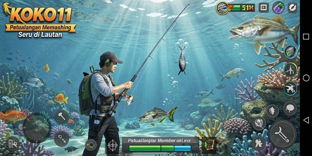 Screenshot gameplay KOKO11 menunjukkan pemain menikmati petualangan memancing.
