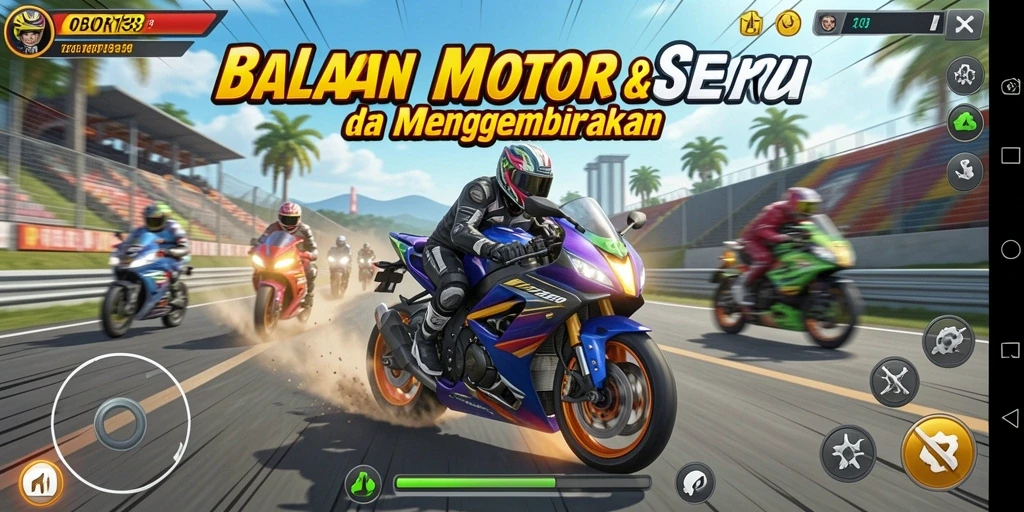 Tampilan gameplay seru OBOR138 dengan motor balap yang cepat dan trek menantang.