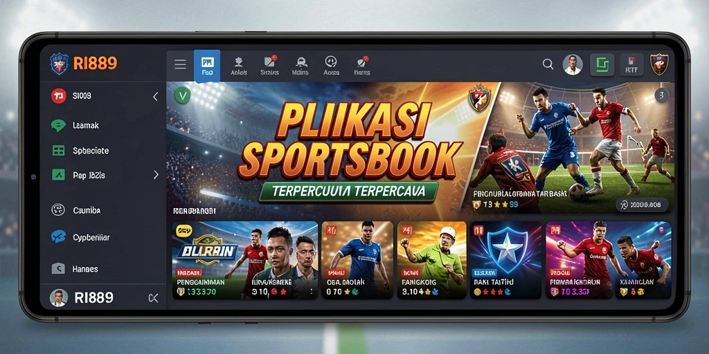 Tampilan utama aplikasi RI889 dengan fitur Sportsbook yang menarik.