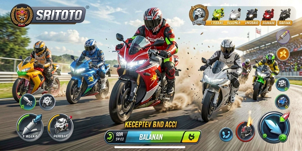 Screenshot gameplay SRITOTO menampilkan balapan motor yang mendebarkan.