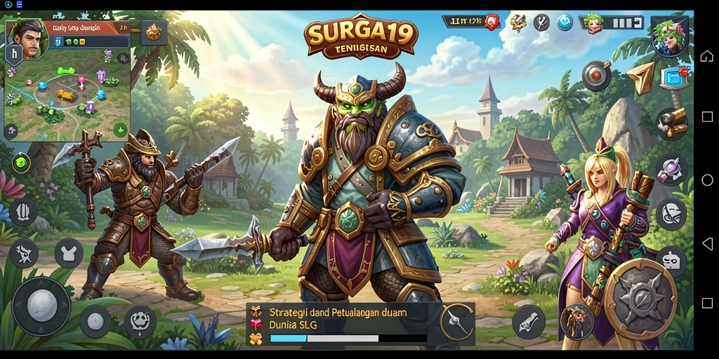 Tampilan gameplay strategis dalam SURGA19 yang menampilkan pertempuran dan pembangunan.