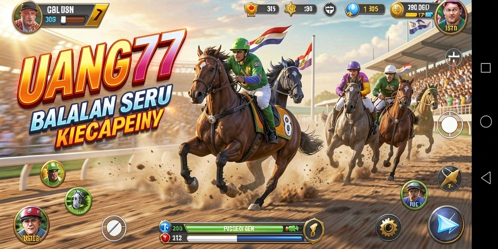 Screenshot menunjukkan aksi balapan seru di UANG77 dengan mobil melaju kencang.