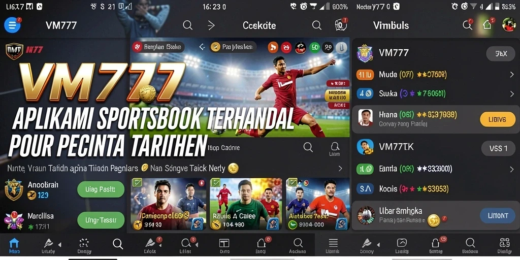 Screenshot utama VM777 menunjukkan antarmuka pengguna yang dinamis dan fitur taruhan olahraga.